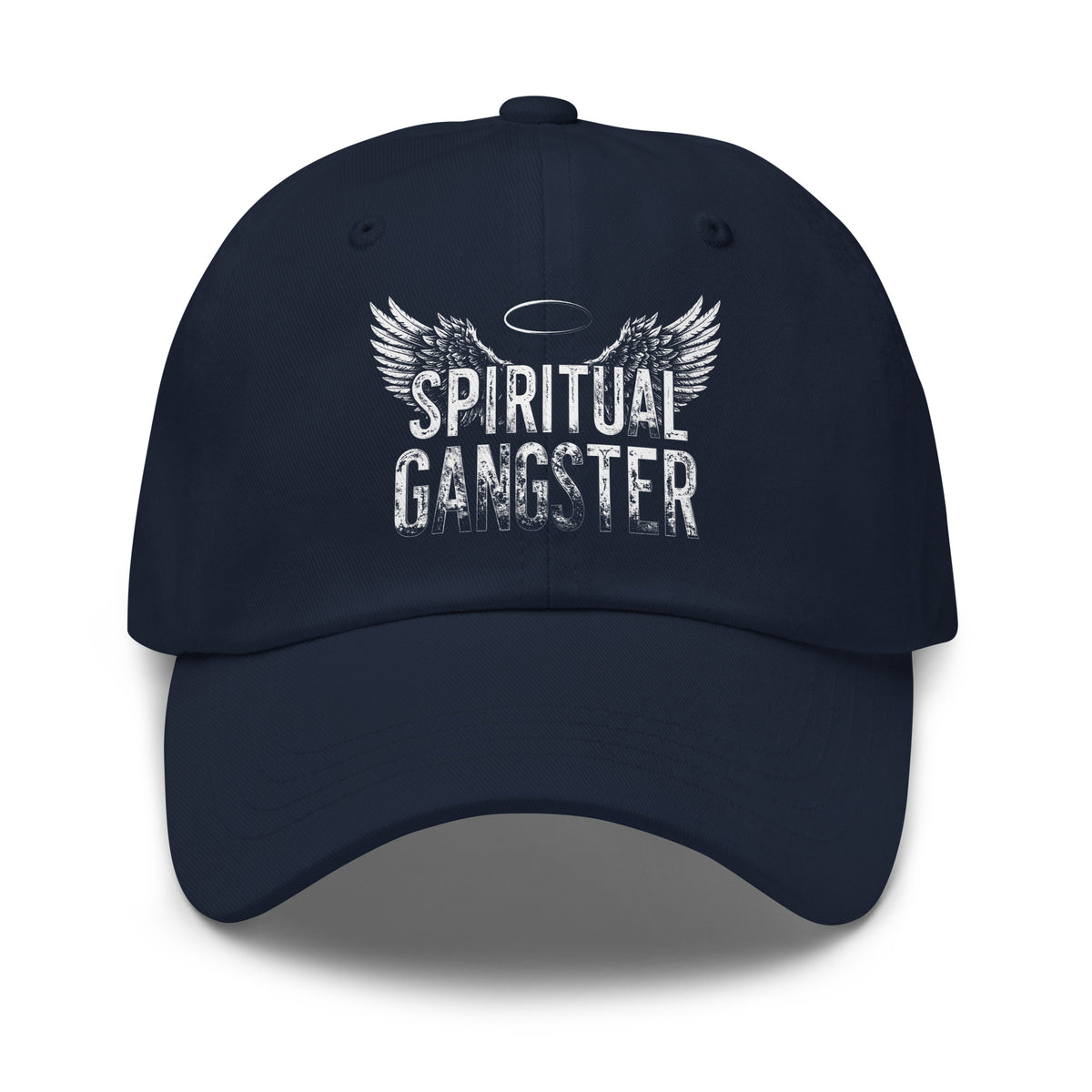 Spiritual Gangster design with angel wings and a halo, on a navy dad hat, front view