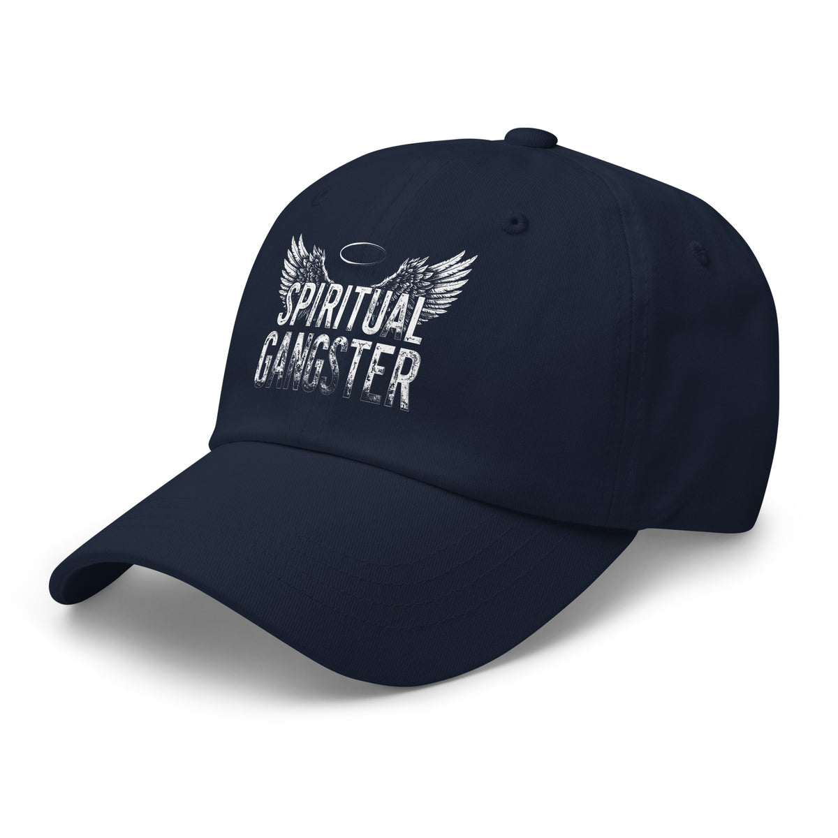 Spiritual Gangster design with angel wings and a halo, on a navy dad hat, angled left front view