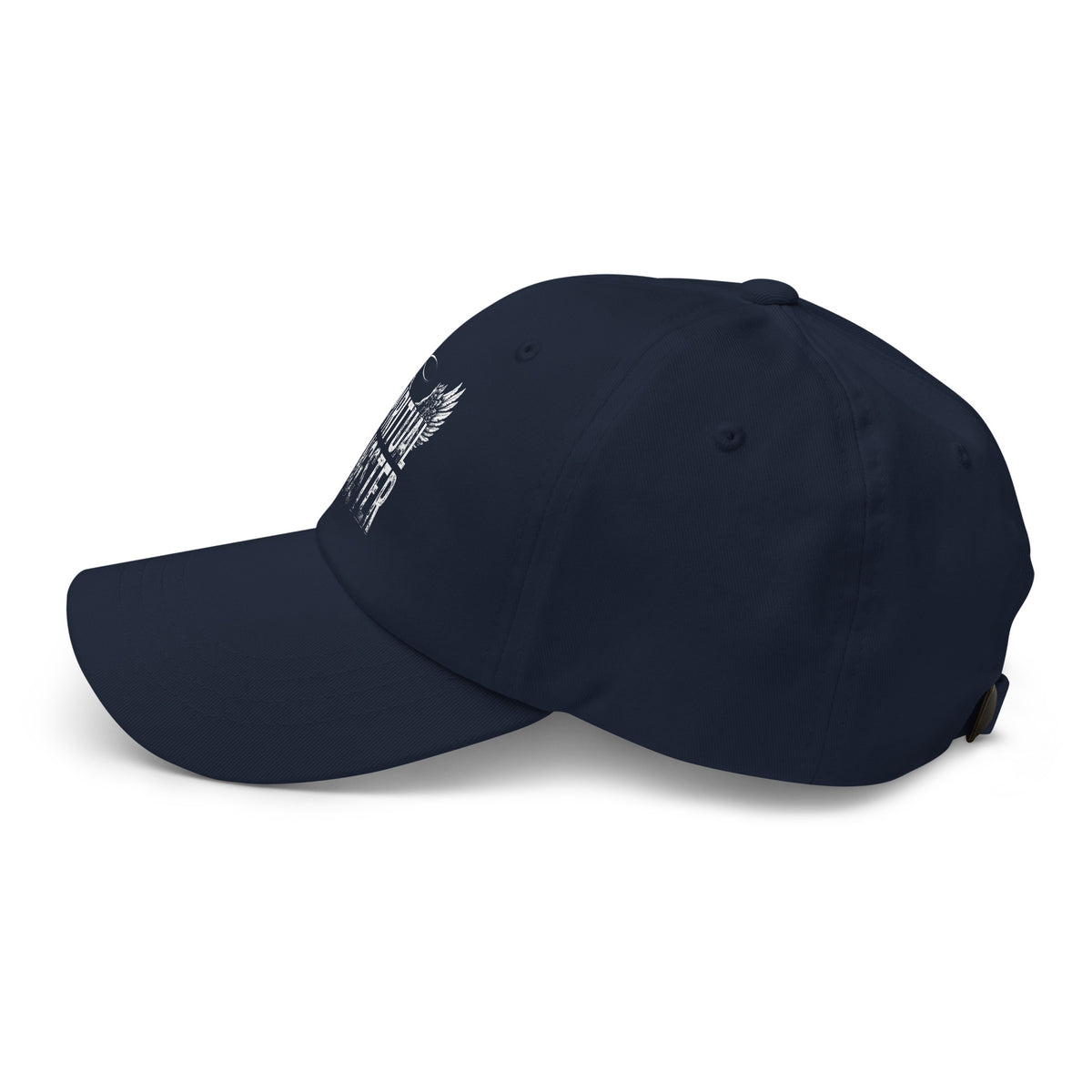Spiritual Gangster design with angel wings and a halo, on a navy dad hat, left side view