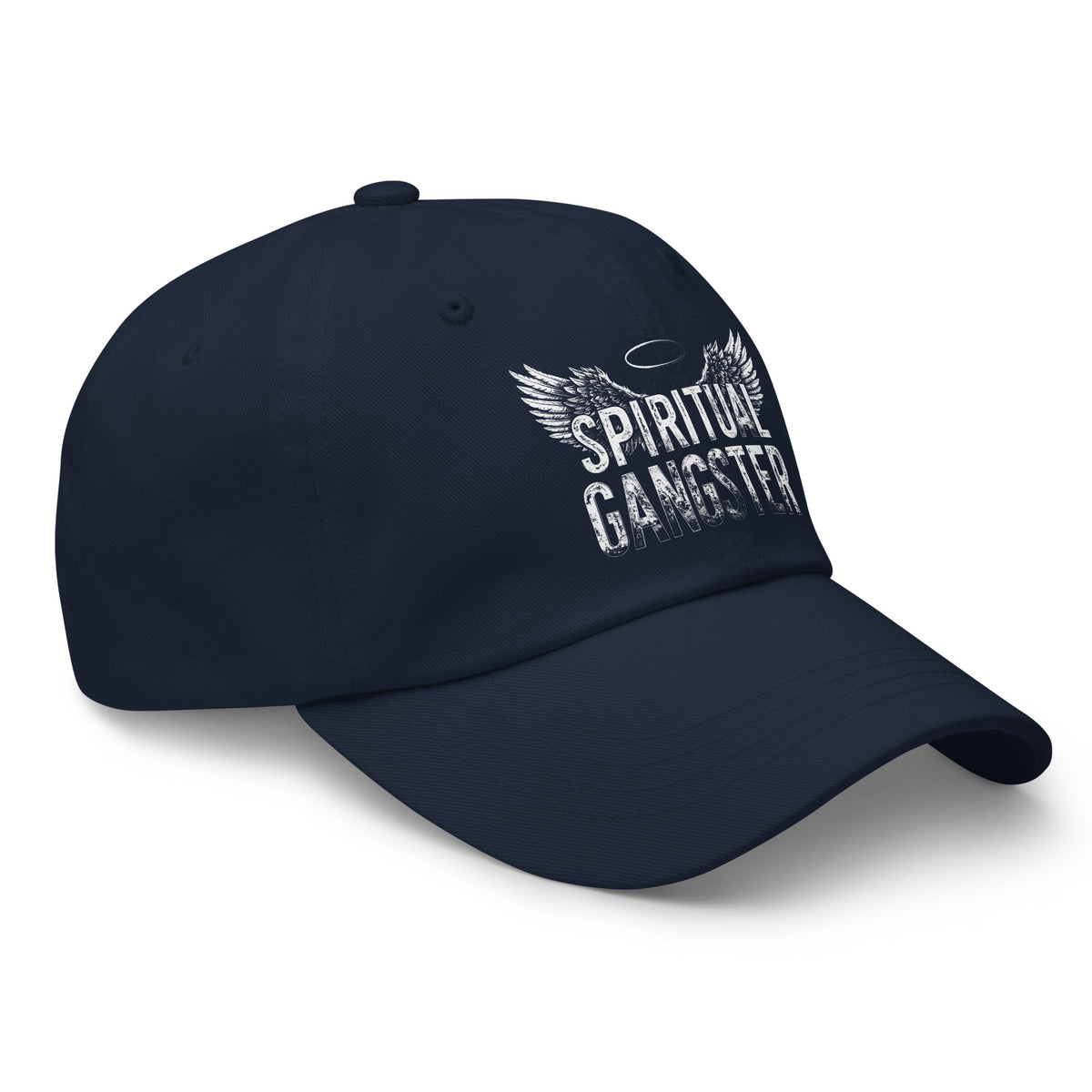 Spiritual Gangster design with angel wings and a halo, on a navy dad hat, angled right front view