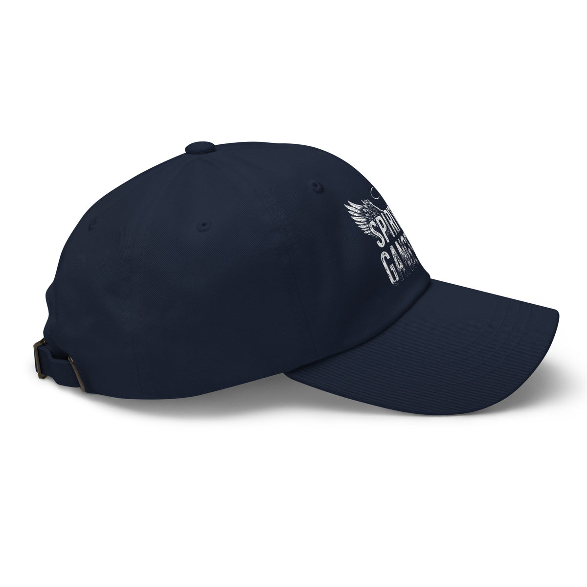 Spiritual Gangster design with angel wings and a halo, on a navy dad hat, right side view