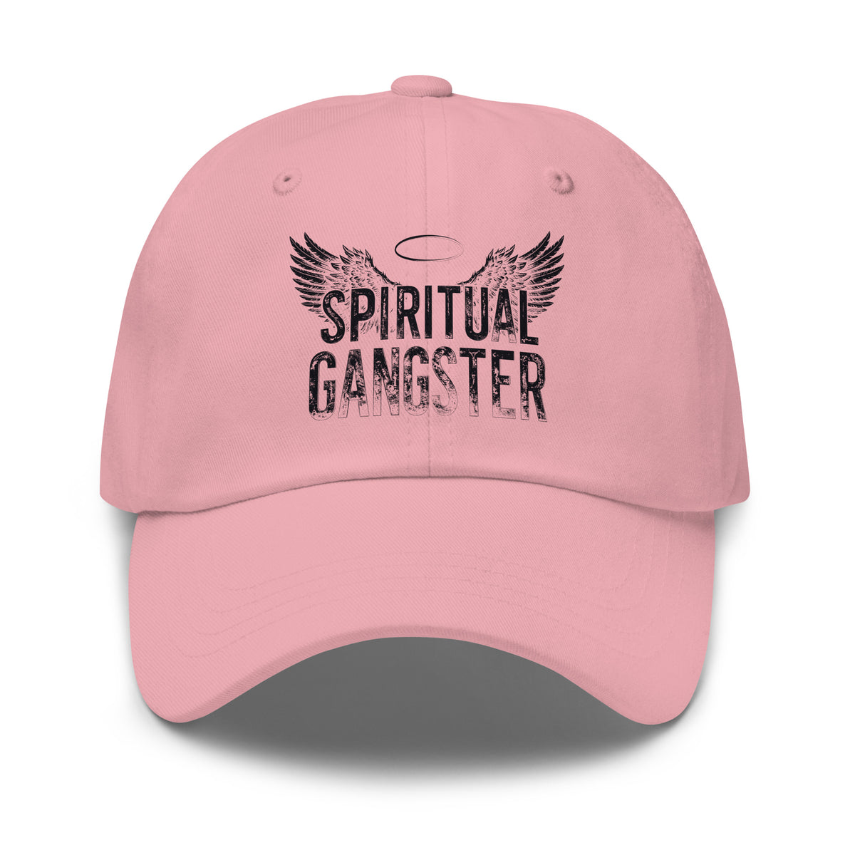 Spiritual Gangster design in black lettering, with angel wings and a halo, on a pink dad hat, front view