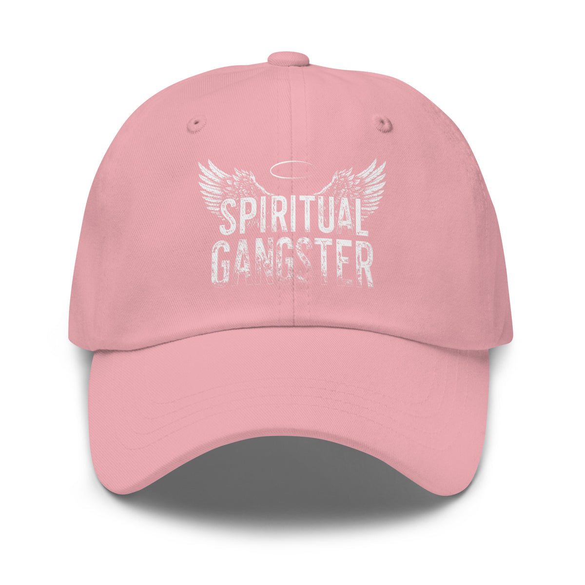 Spiritual Gangster design with angel wings and a halo, on a pink dad hat, front view