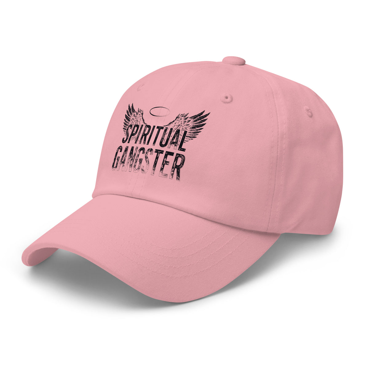 Spiritual Gangster design in black lettering, with angel wings and a halo, on a pink dad hat, angled left front view