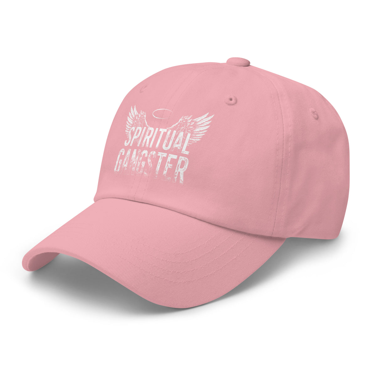 Spiritual Gangster design with angel wings and a halo, on a pink dad hat, angled left front view
