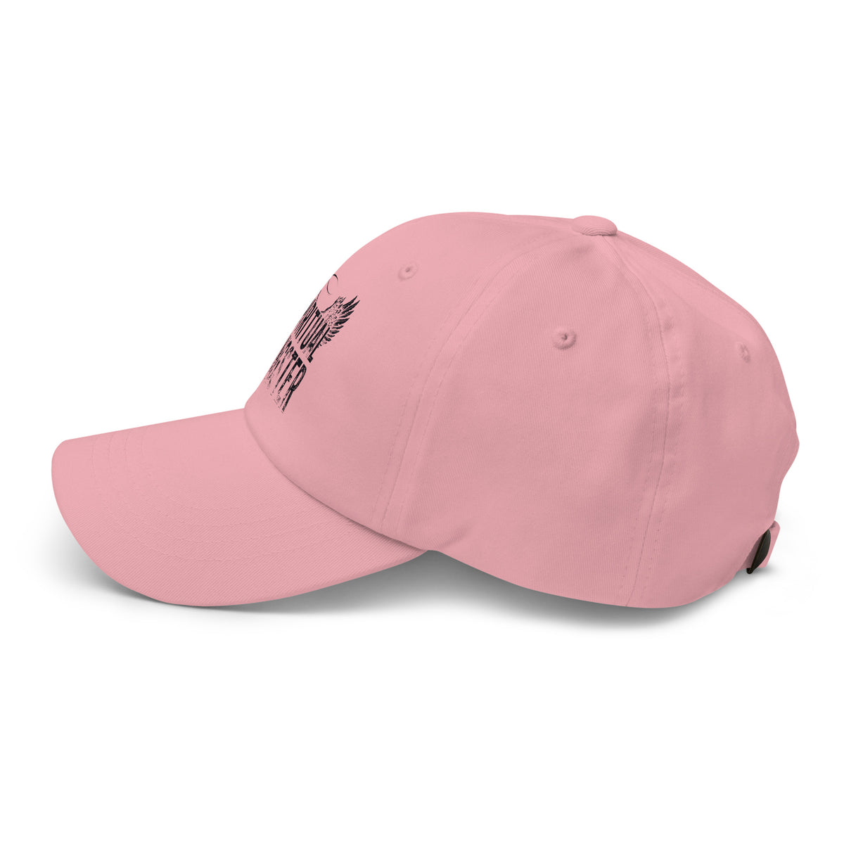 Spiritual Gangster design in black lettering, with angel wings and a halo, on a pink dad hat, left side view