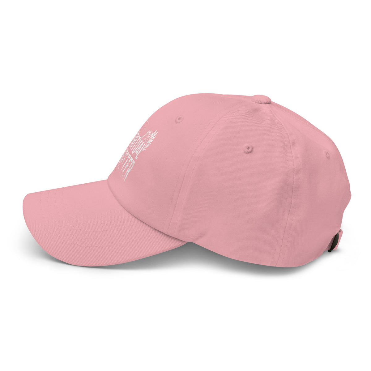Spiritual Gangster design with angel wings and a halo, on a pink dad hat, left side view