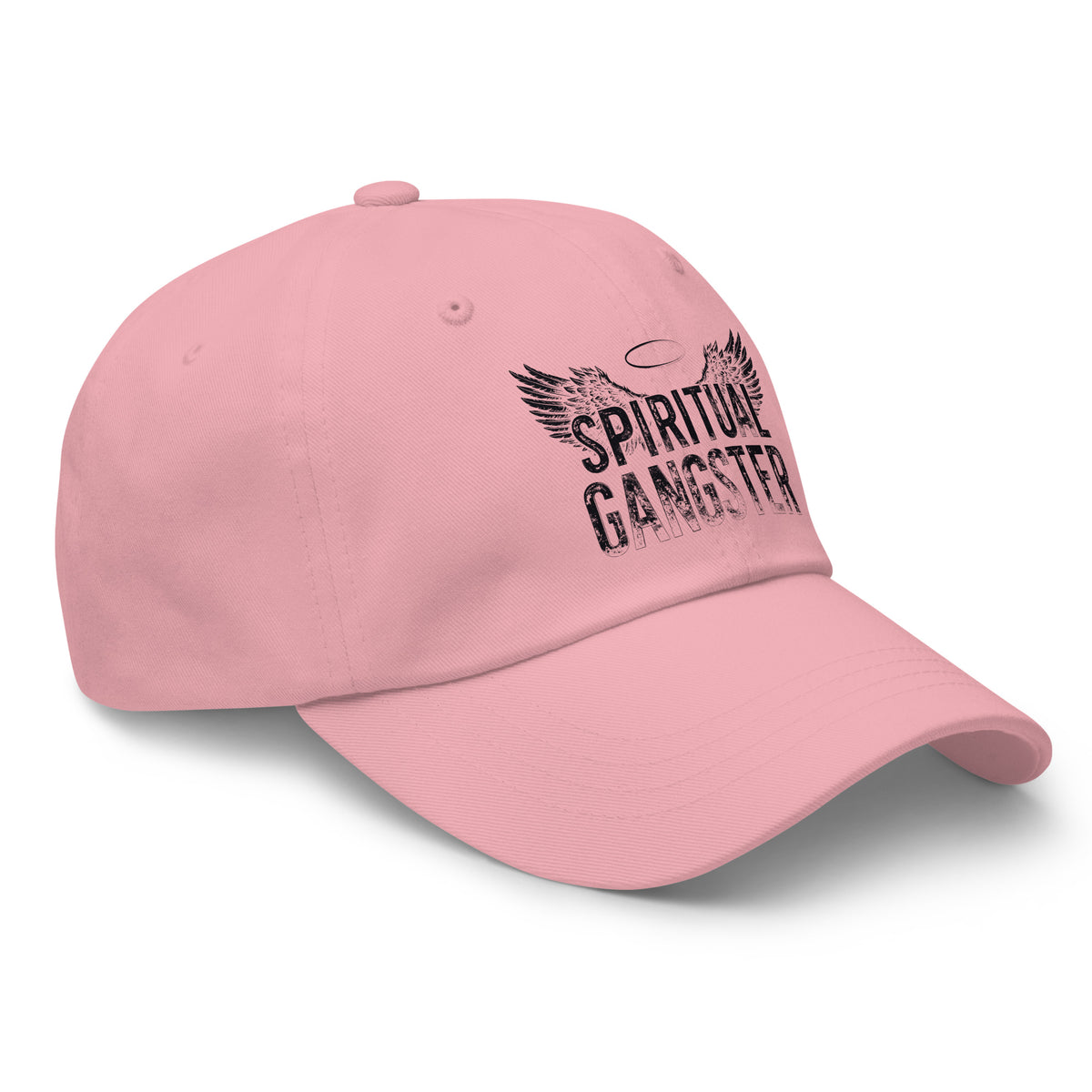 Spiritual Gangster design in black lettering, with angel wings and a halo, on a pink dad hat, angled right front view