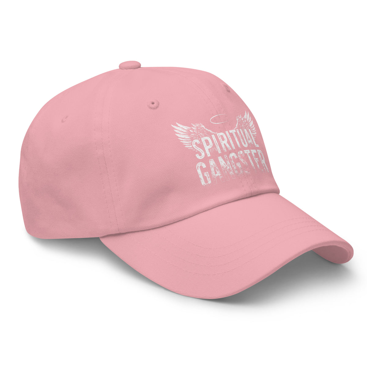 Spiritual Gangster design with angel wings and a halo, on a pink dad hat, angled right front view