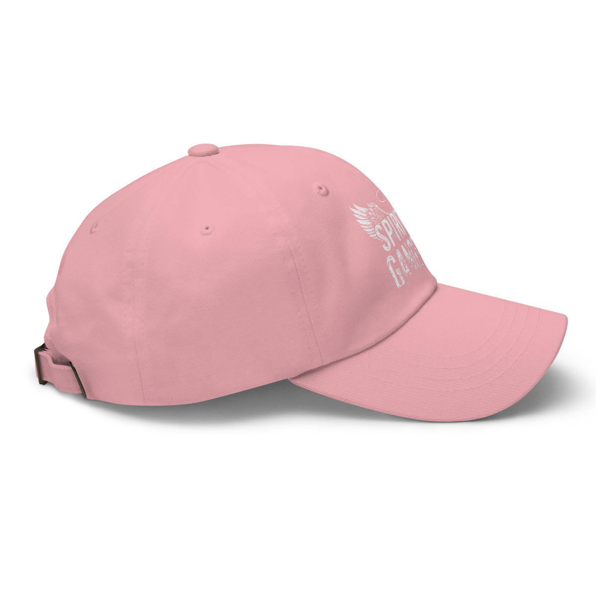 Spiritual Gangster design with angel wings and a halo, on a pink dad hat, right side view