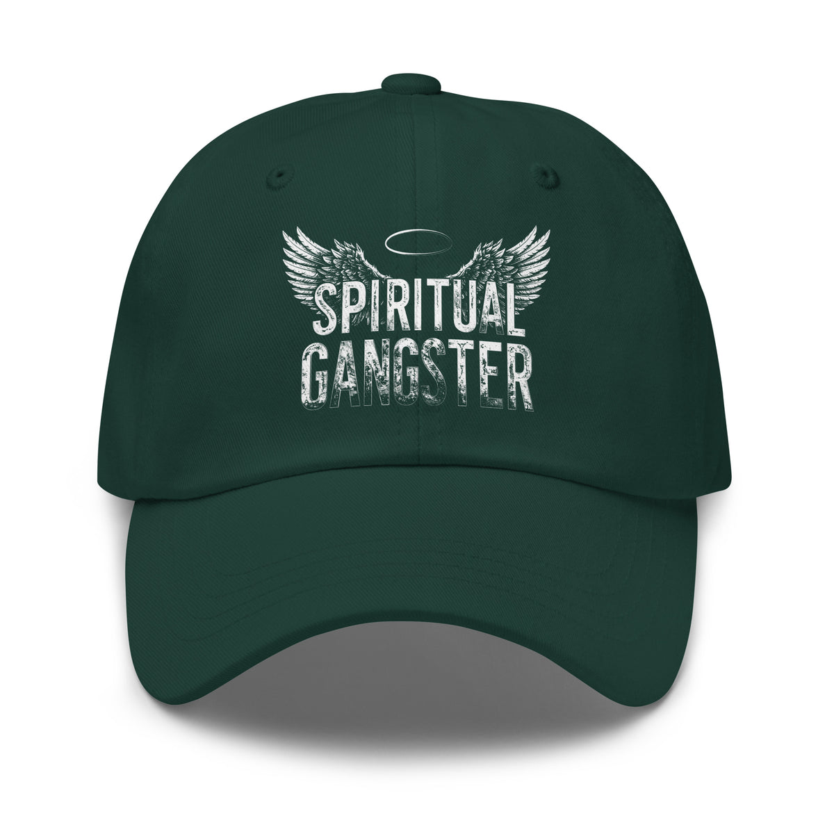 Spiritual Gangster design with angel wings and a halo, on a spruce dad hat, front view
