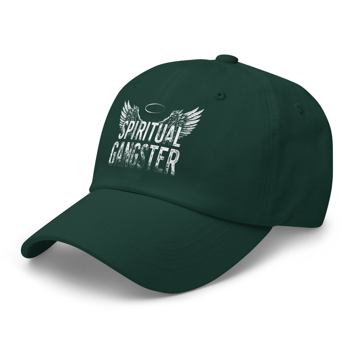 Spiritual Gangster design with angel wings and a halo, on a spruce dad hat, angled left front view