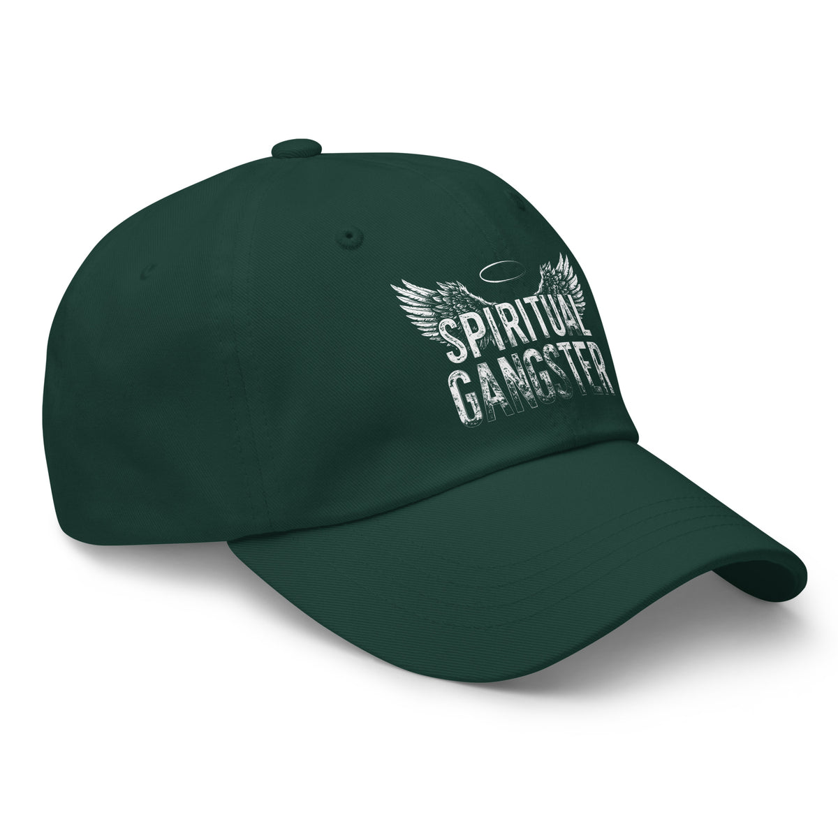 Spiritual Gangster design with angel wings and a halo, on a spruce dad hat, angled right front view