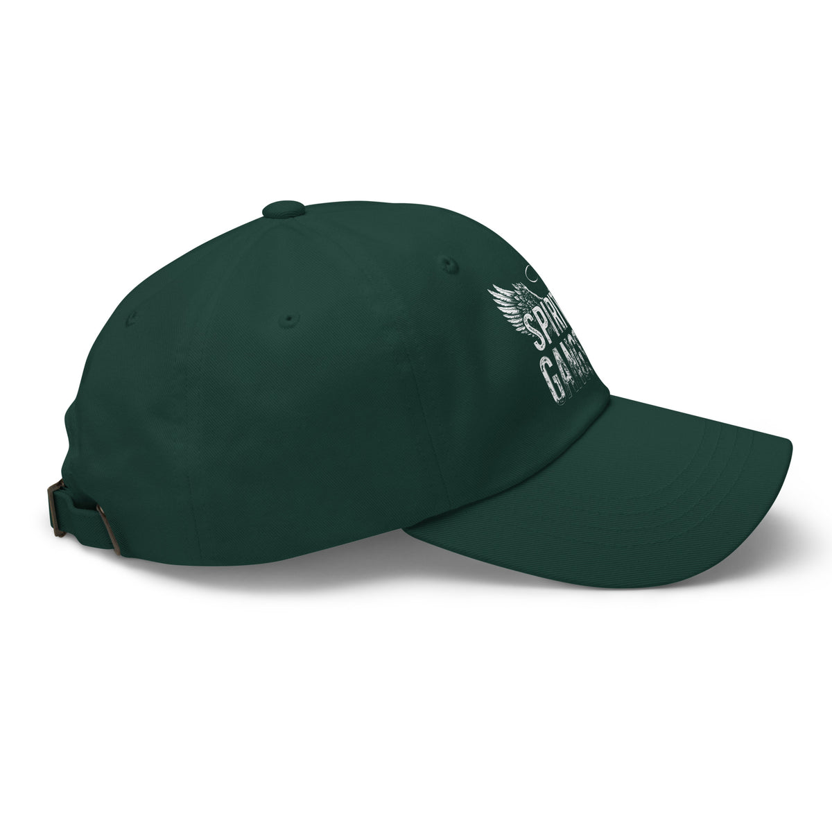 Spiritual Gangster design with angel wings and a halo, on a spruce dad hat, right side view