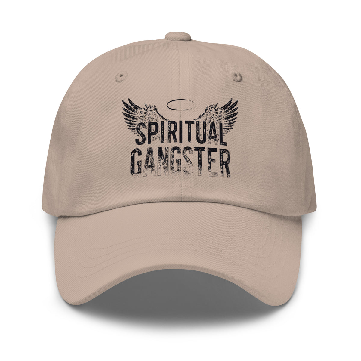 Spiritual Gangster design in black lettering, with angel wings and a halo, on a stone dad hat, front view