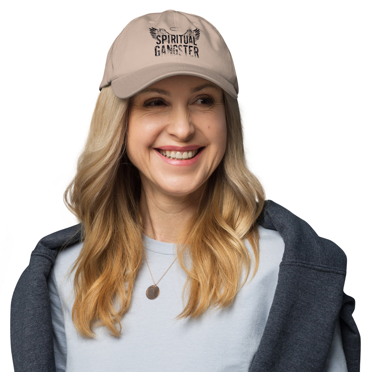 Spiritual Gangster design in black lettering, with angel wings and a halo, on a stone dad hat, front view