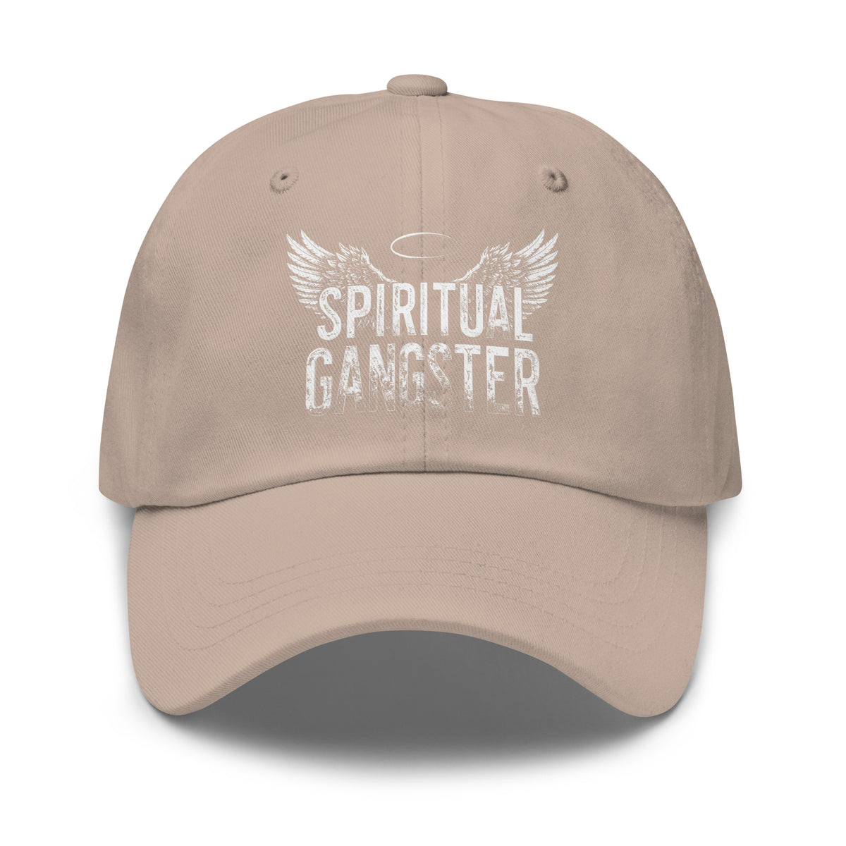 Spiritual Gangster design with angel wings and a halo, on a stone dad hat, front view