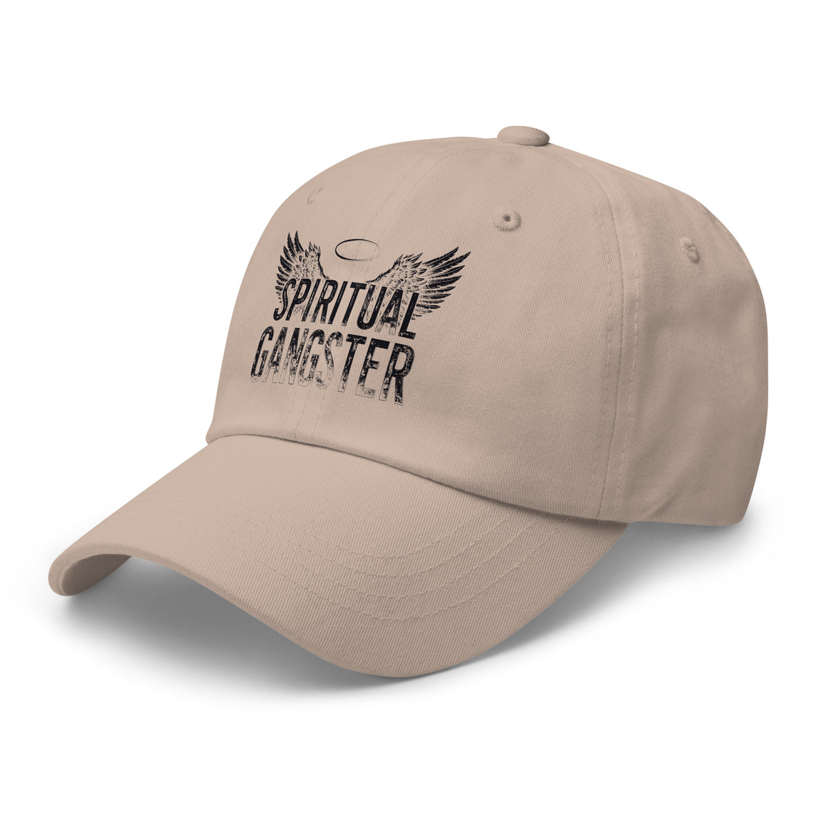 Spiritual Gangster design in black lettering, with angel wings and a halo, on a stone dad hat, angled left front view