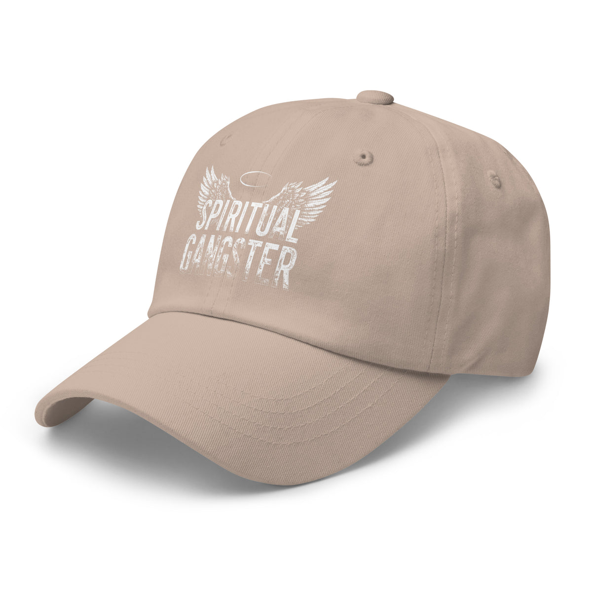 Spiritual Gangster design with angel wings and a halo, on a stone dad hat, angled left front view