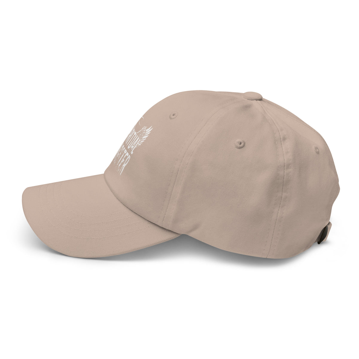Spiritual Gangster design with angel wings and a halo, on a stone dad hat, left side view