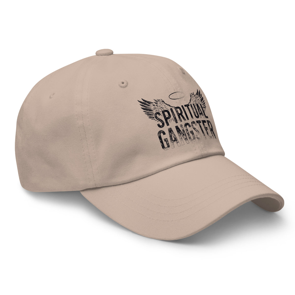 Spiritual Gangster design in black lettering, with angel wings and a halo, on a stone dad hat, angled right front view