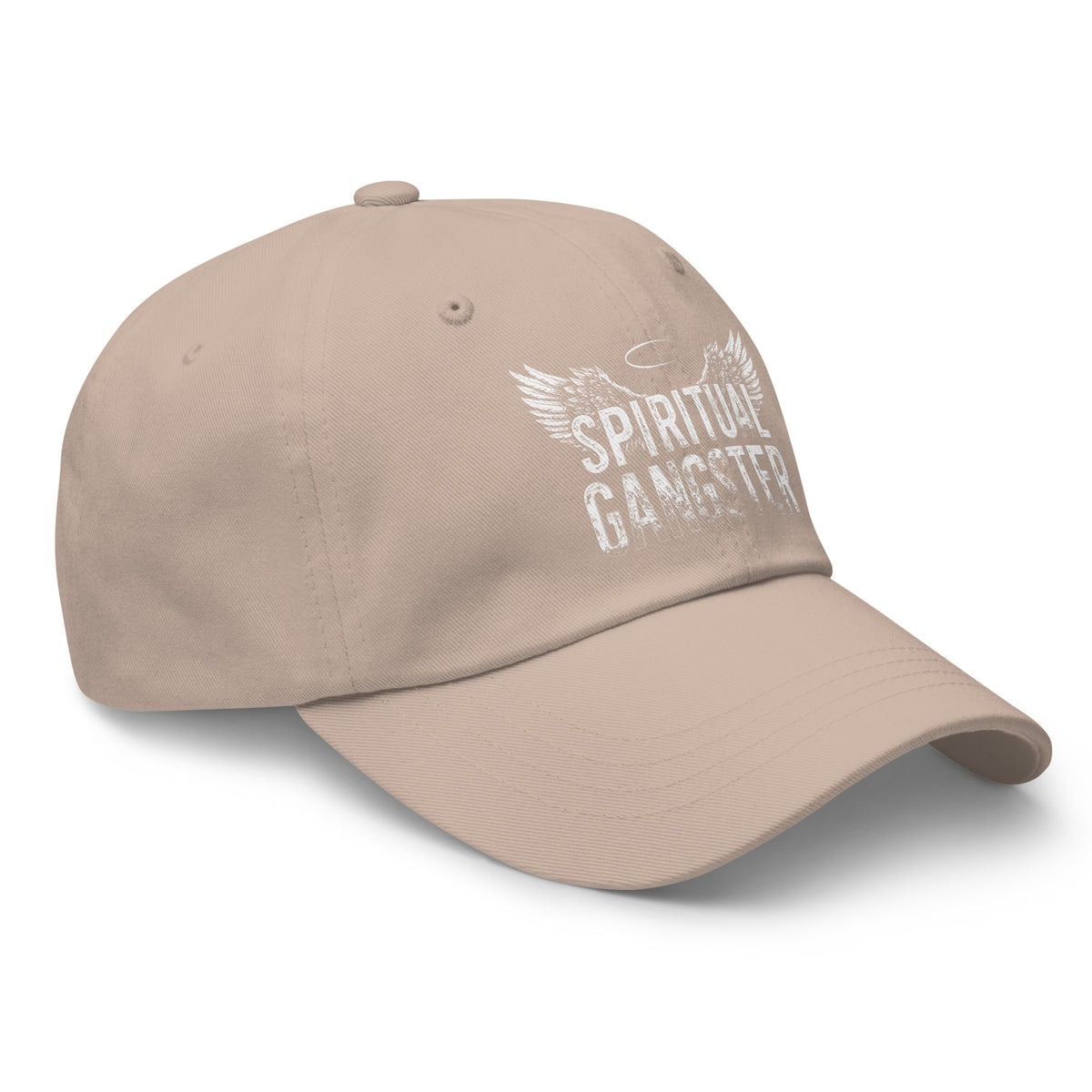 Spiritual Gangster design with angel wings and a halo, on a stone dad hat, angled right front view