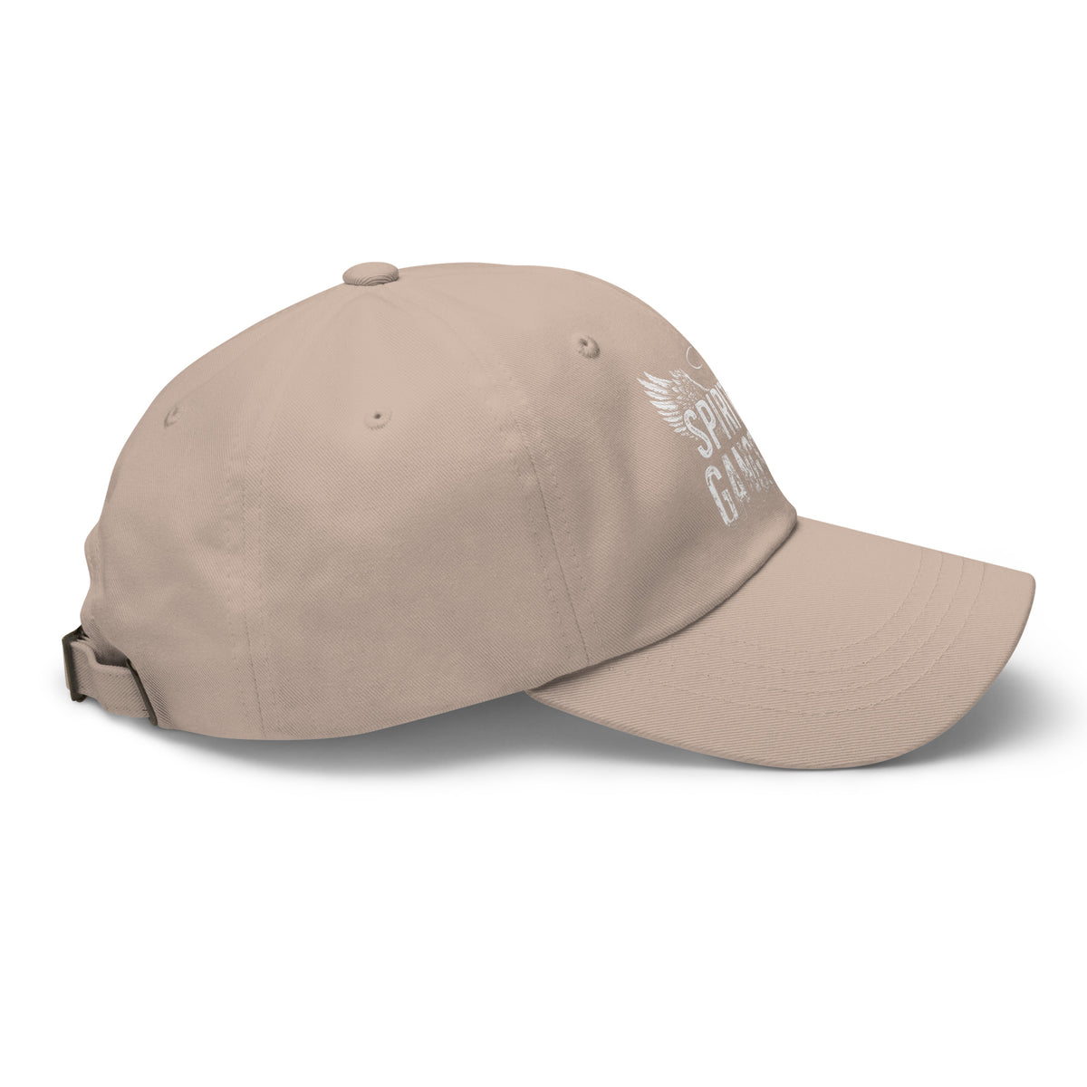 Spiritual Gangster design with angel wings and a halo, on a stone dad hat, right side view