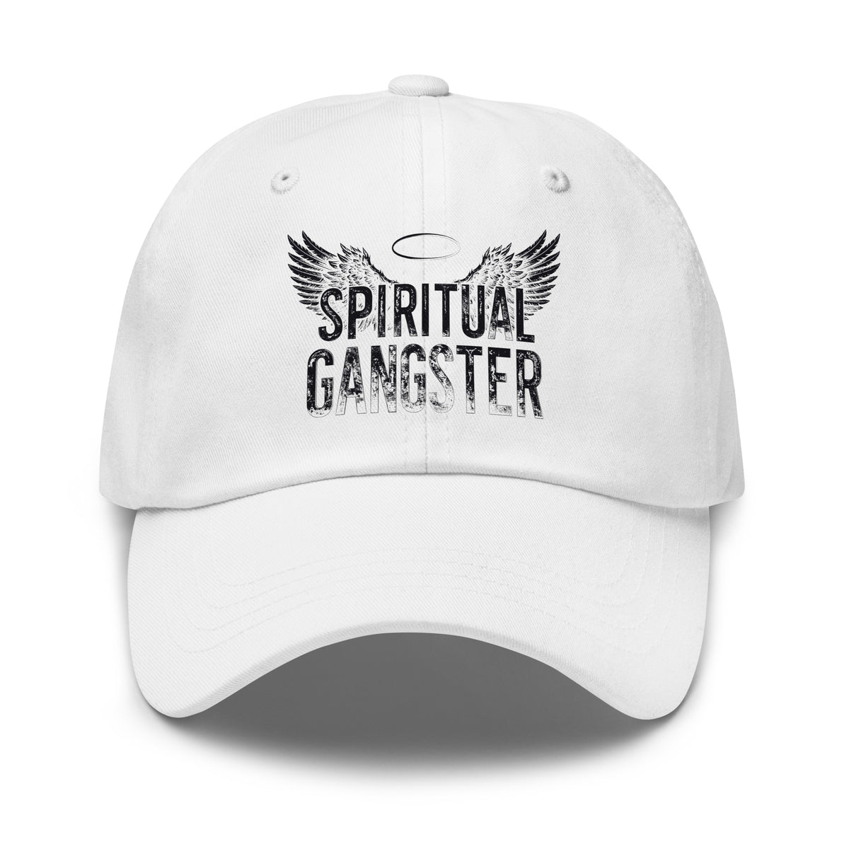 Spiritual Gangster design in black lettering, with angel wings and a halo, on a white dad hat, front view