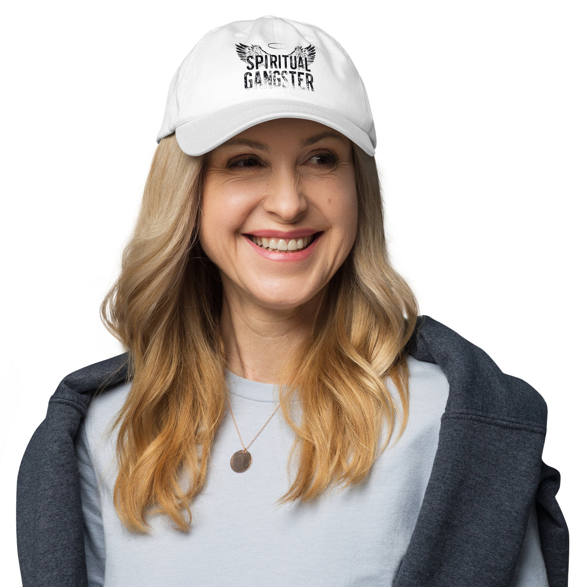 Spiritual Gangster design in black lettering, with angel wings and a halo, on a white dad hat, front view