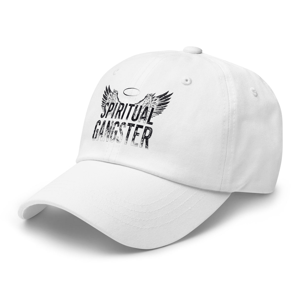 Spiritual Gangster design in black lettering, with angel wings and a halo, on a white dad hat, angled left front view