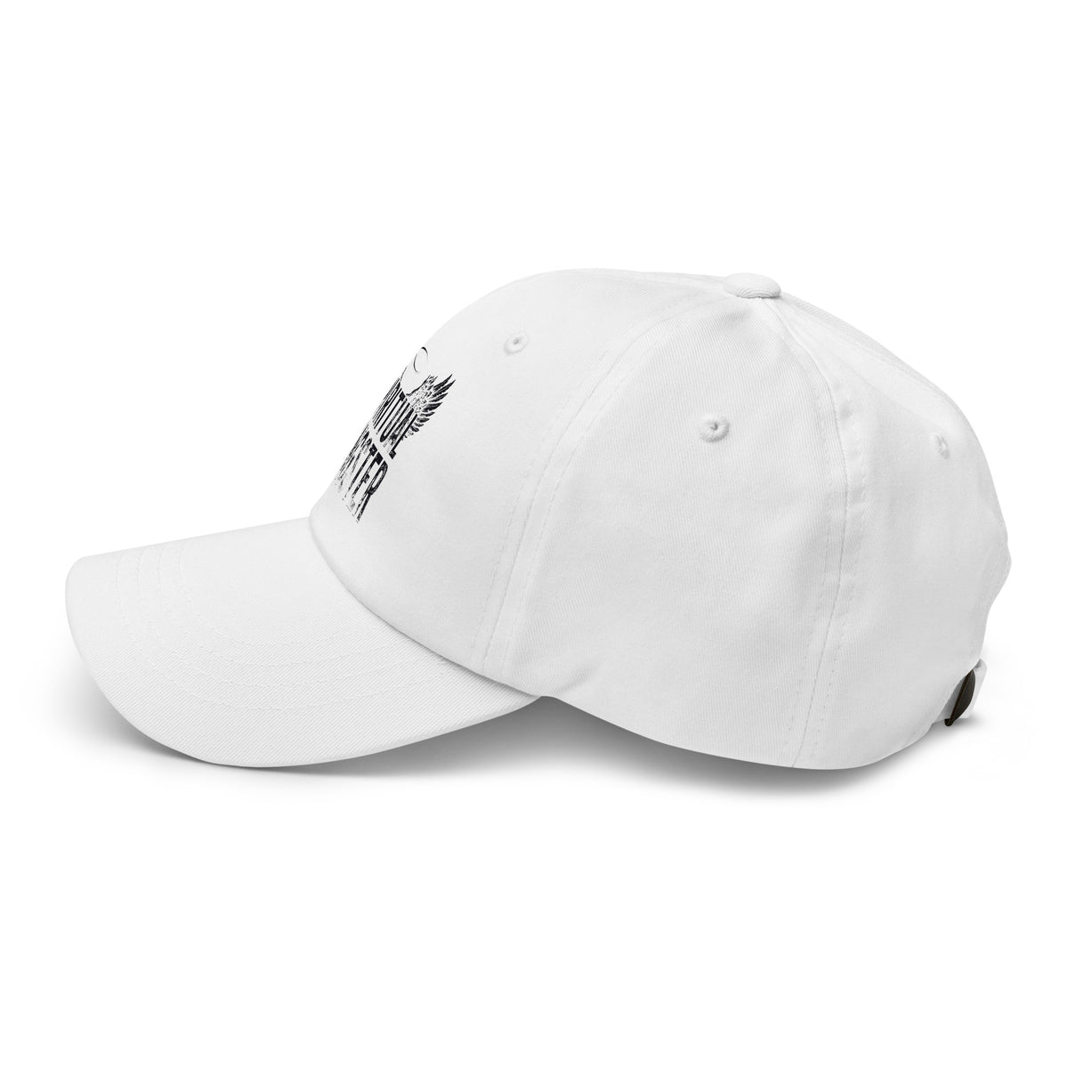 Spiritual Gangster design in black lettering, with angel wings and a halo, on a white dad hat, left side view