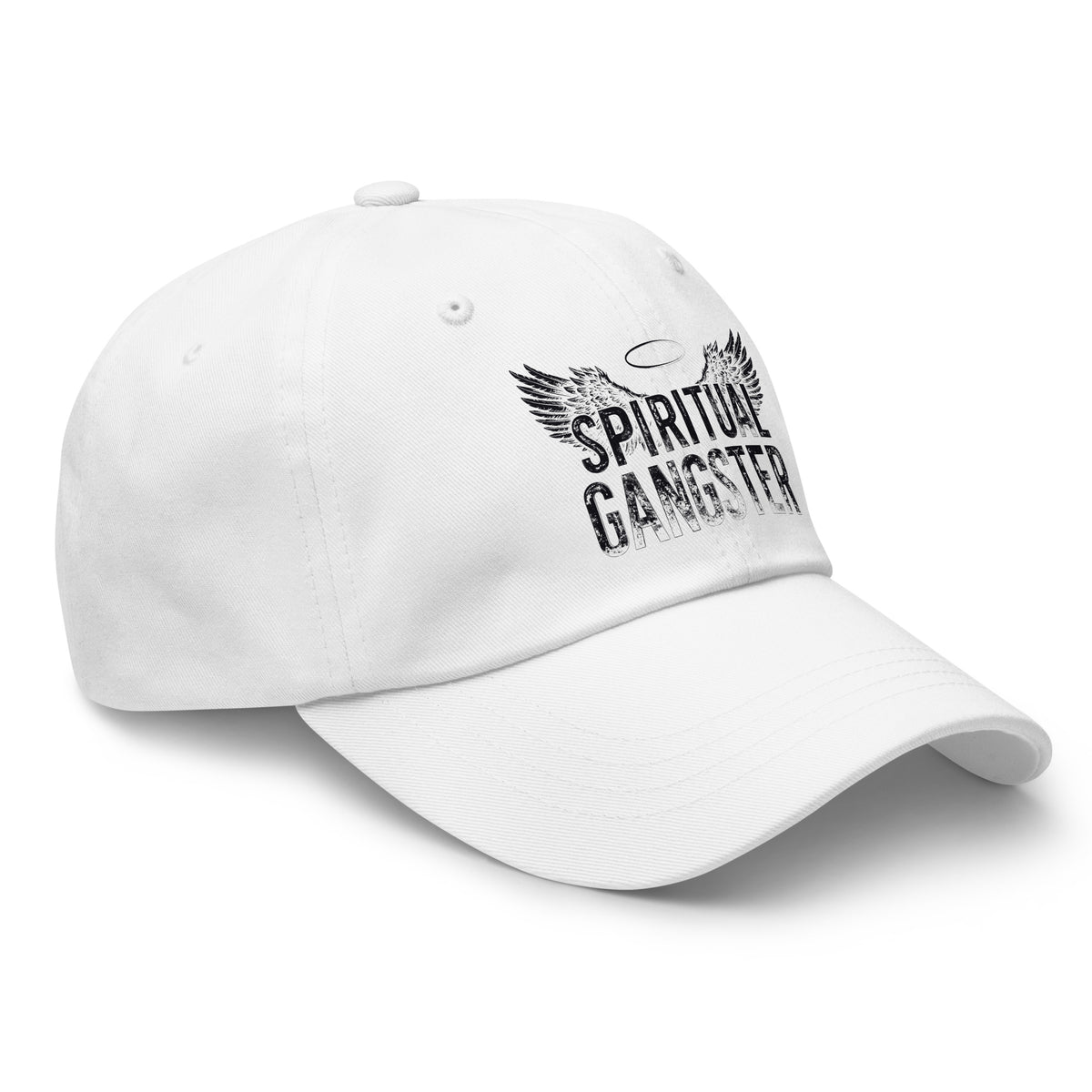 Spiritual Gangster design in black lettering, with angel wings and a halo, on a white dad hat, angled right front view