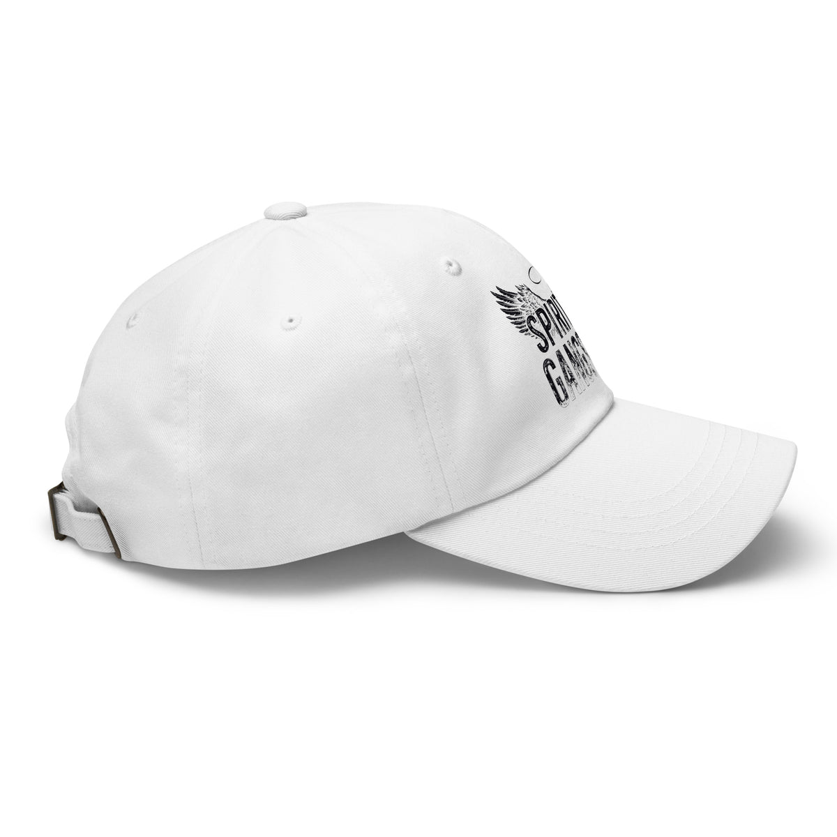 Spiritual Gangster design in black lettering, with angel wings and a halo, on a white dad hat, right side view