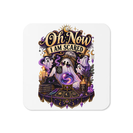 Oh Now I Am Scared whimsigoth design, a ghost in heart-shaped sunglasses reading a crystal ball, on a cork-back coaster, front view
