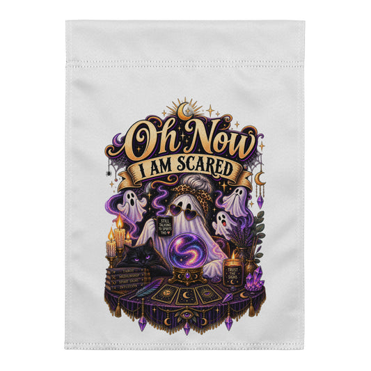 Oh Now I Am Scared whimsigoth design, a ghost in heart-shaped sunglasses reading a crystal ball, on a white garden flag, 12 x 17 inches, front view