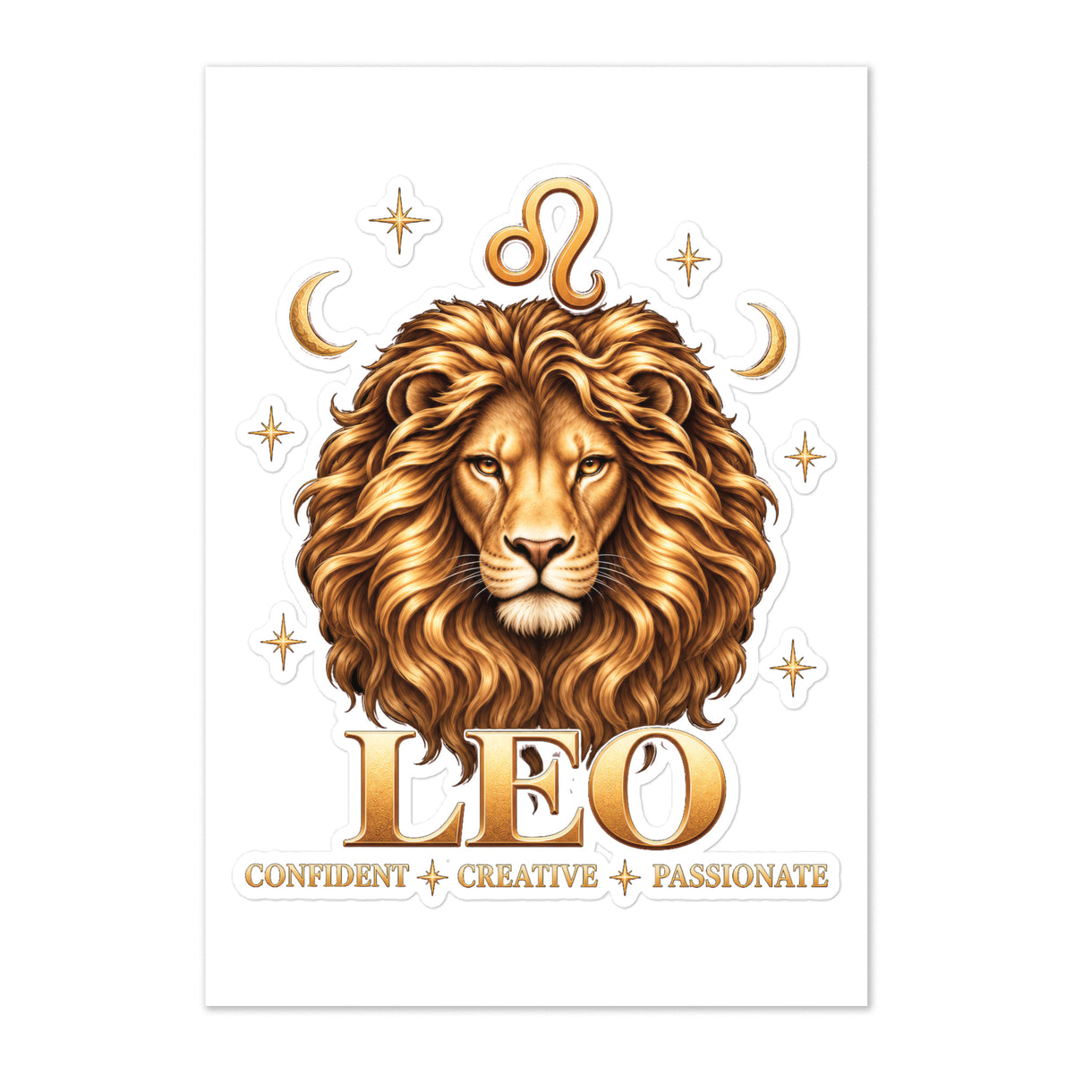 Leo zodiac kiss-cut sticker sheet: a golden lion with a full flowing mane in a night sky of gold stars, with the Leo glyph, two crescent moons and the words Confident, Creative, Passionate
