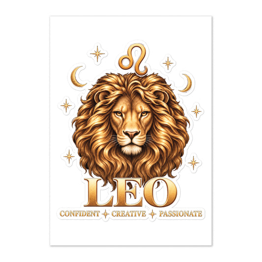 Leo zodiac kiss-cut sticker sheet: a golden lion with a full flowing mane in a night sky of gold stars, with the Leo glyph, two crescent moons and the words Confident, Creative, Passionate