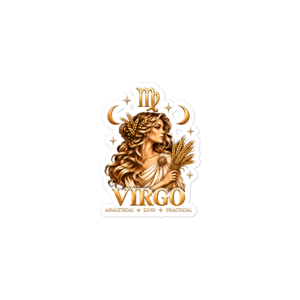 Virgo zodiac sticker, 3 x 3 in kiss-cut: a golden maiden with wheat in her hair holding a sheaf of wheat in a night sky of gold stars, with the Virgo glyph, two crescent moons and the words Analytical, Kind, Practical