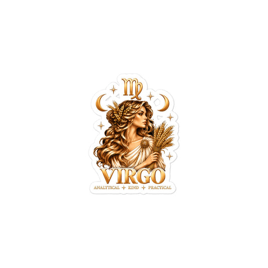 Virgo zodiac sticker, 3 x 3 in kiss-cut: a golden maiden with wheat in her hair holding a sheaf of wheat in a night sky of gold stars, with the Virgo glyph, two crescent moons and the words Analytical, Kind, Practical
