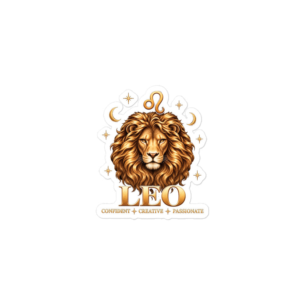 Leo zodiac sticker, 3 x 3 in kiss-cut: a golden lion with a full flowing mane in a night sky of gold stars, with the Leo glyph, two crescent moons and the words Confident, Creative, Passionate