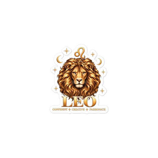 Leo zodiac sticker, 3 x 3 in kiss-cut: a golden lion with a full flowing mane in a night sky of gold stars, with the Leo glyph, two crescent moons and the words Confident, Creative, Passionate