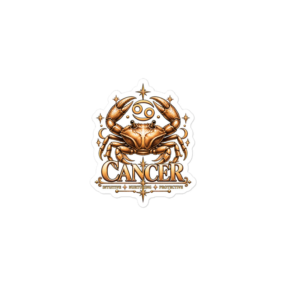 Cancer zodiac sticker, 3 x 3 in kiss-cut: a golden crab with claws raised in a night sky of gold stars, with the Cancer glyph, crescent moons and the words Intuitive, Nurturing, Protective