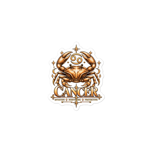Cancer zodiac sticker, 3 x 3 in kiss-cut: a golden crab with claws raised in a night sky of gold stars, with the Cancer glyph, crescent moons and the words Intuitive, Nurturing, Protective