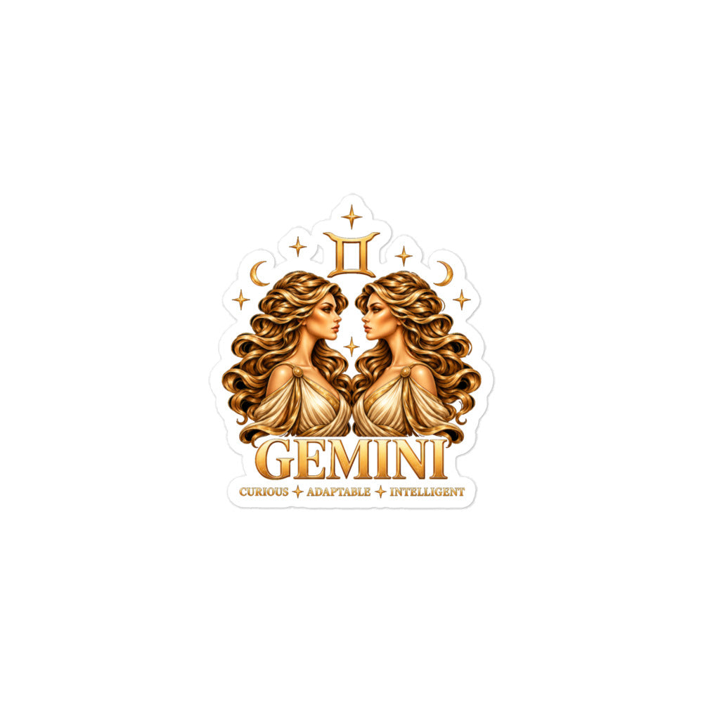 Gemini zodiac sticker, 3 x 3 in kiss-cut: golden twins face to face with flowing hair in a night sky of gold stars, with the Gemini glyph, two crescent moons and the words Curious, Adaptable, Intelligent