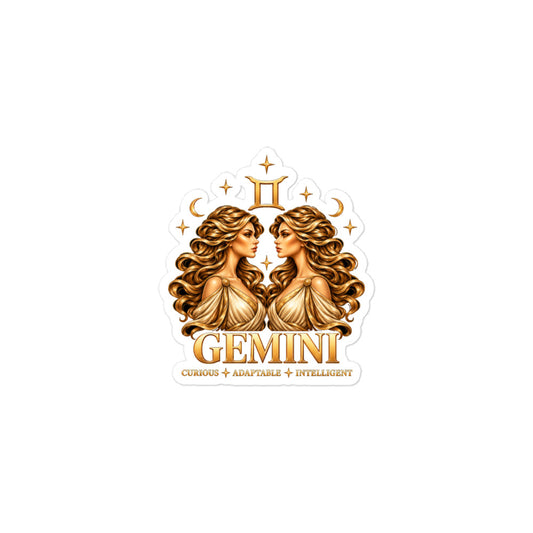 Gemini zodiac sticker, 3 x 3 in kiss-cut: golden twins face to face with flowing hair in a night sky of gold stars, with the Gemini glyph, two crescent moons and the words Curious, Adaptable, Intelligent