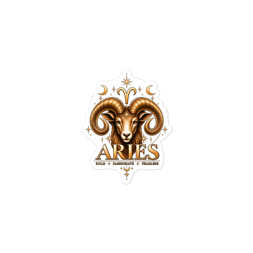 Aries zodiac sticker, 3 x 3 in kiss-cut: a golden ram with curled horns and a star on his brow in a night sky of gold stars, with the Aries glyph, two crescent moons and the words Bold, Passionate, Fearless