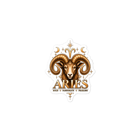 Aries zodiac sticker, 3 x 3 in kiss-cut: a golden ram with curled horns and a star on his brow in a night sky of gold stars, with the Aries glyph, two crescent moons and the words Bold, Passionate, Fearless