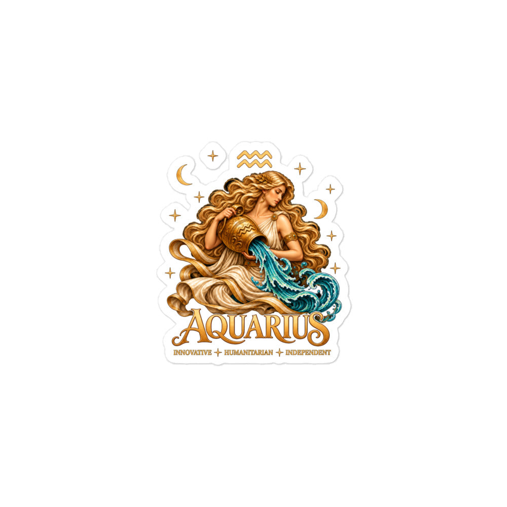 Aquarius zodiac sticker, 3 x 3 in kiss-cut: a golden water bearer pouring teal water from her jar in a night sky of gold stars, with the Aquarius glyph, two crescent moons and the words Innovative, Humanitarian, Independent
