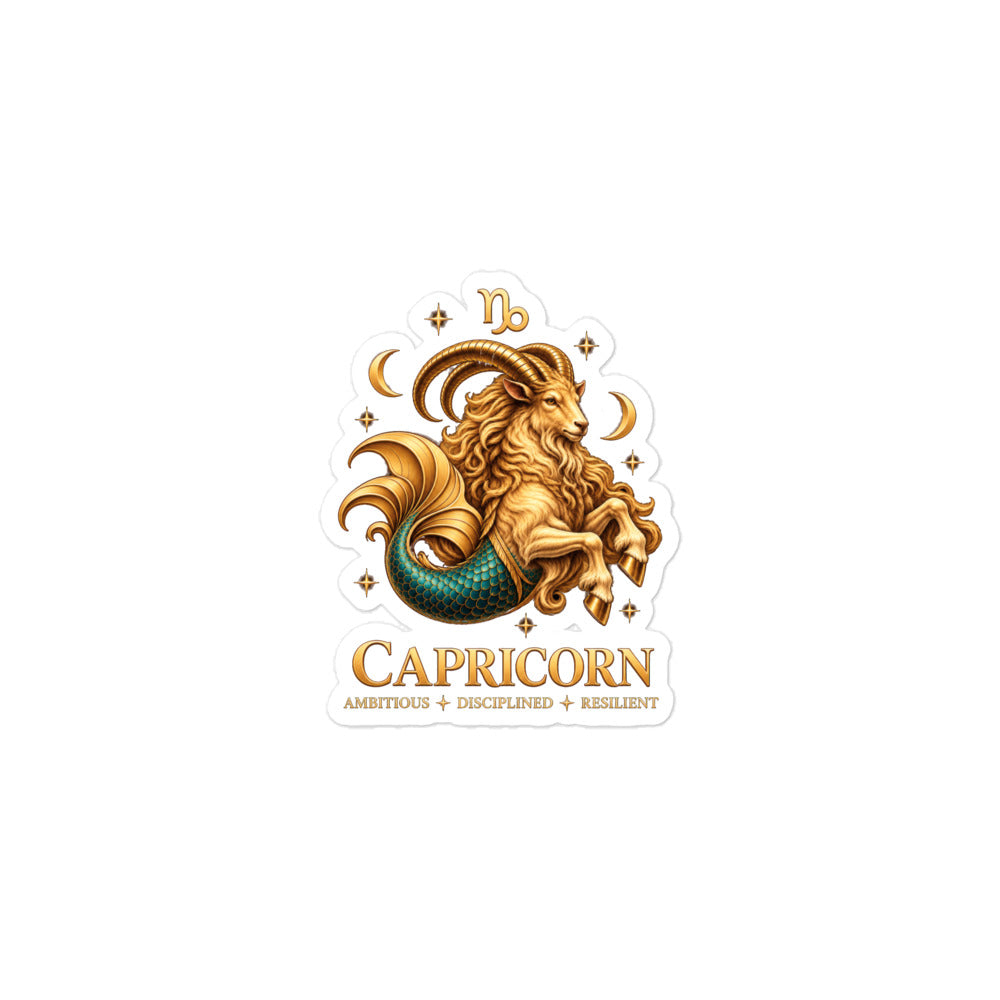 Capricorn zodiac sticker, 3 x 3 in kiss-cut: a golden sea-goat with a teal fish tail in a night sky of gold stars, with the Capricorn glyph, two crescent moons and the words Ambitious, Disciplined, Resilient