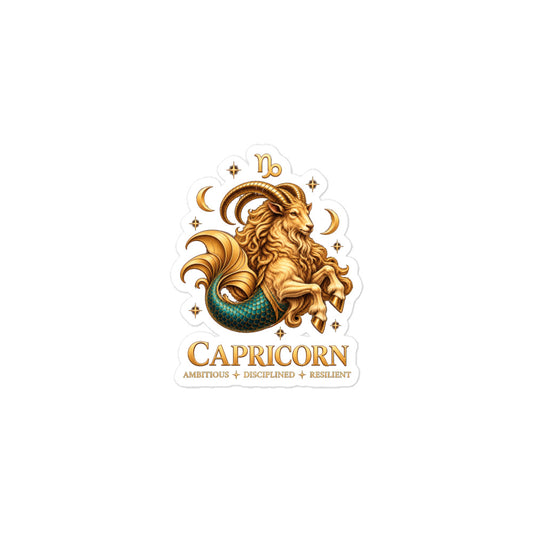 Capricorn zodiac sticker, 3 x 3 in kiss-cut: a golden sea-goat with a teal fish tail in a night sky of gold stars, with the Capricorn glyph, two crescent moons and the words Ambitious, Disciplined, Resilient